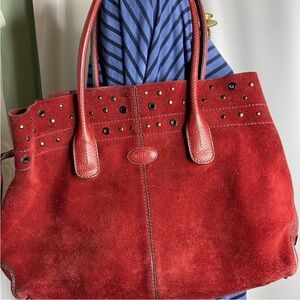 Tod's Red Suede Tote Bag